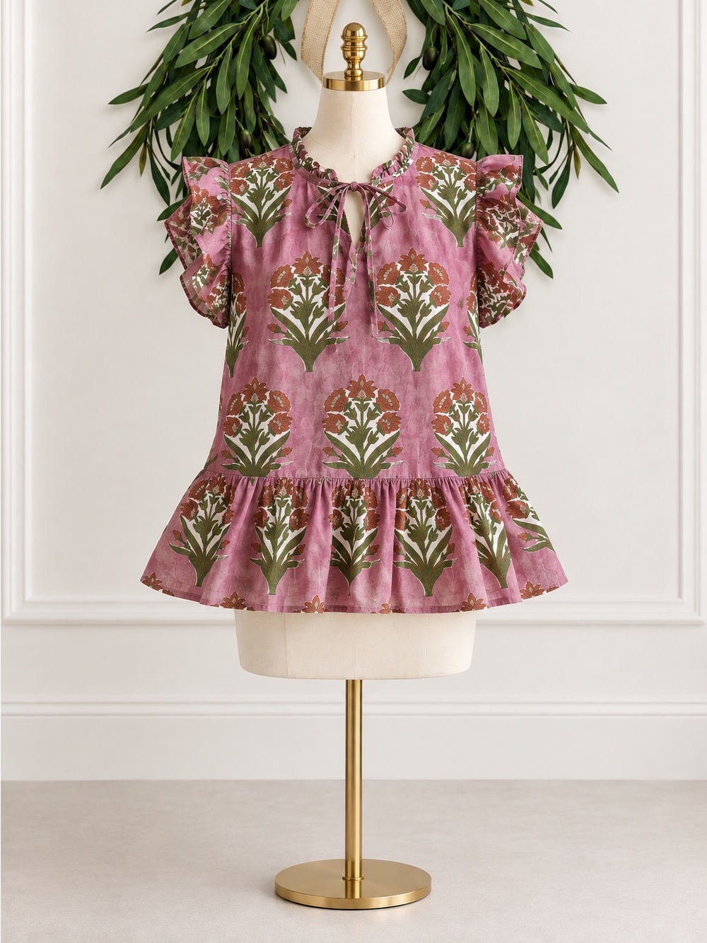 Victoria Dunn Pink Green Floral Drop Waist Blouse Large Ruffles Cottagecore